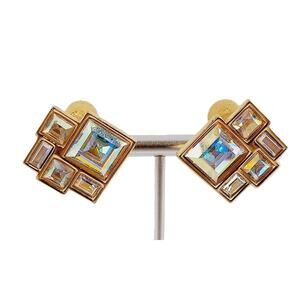 Swarovski Iridescent Gold Tone Aurora Borealis Geometric Clip Earrings